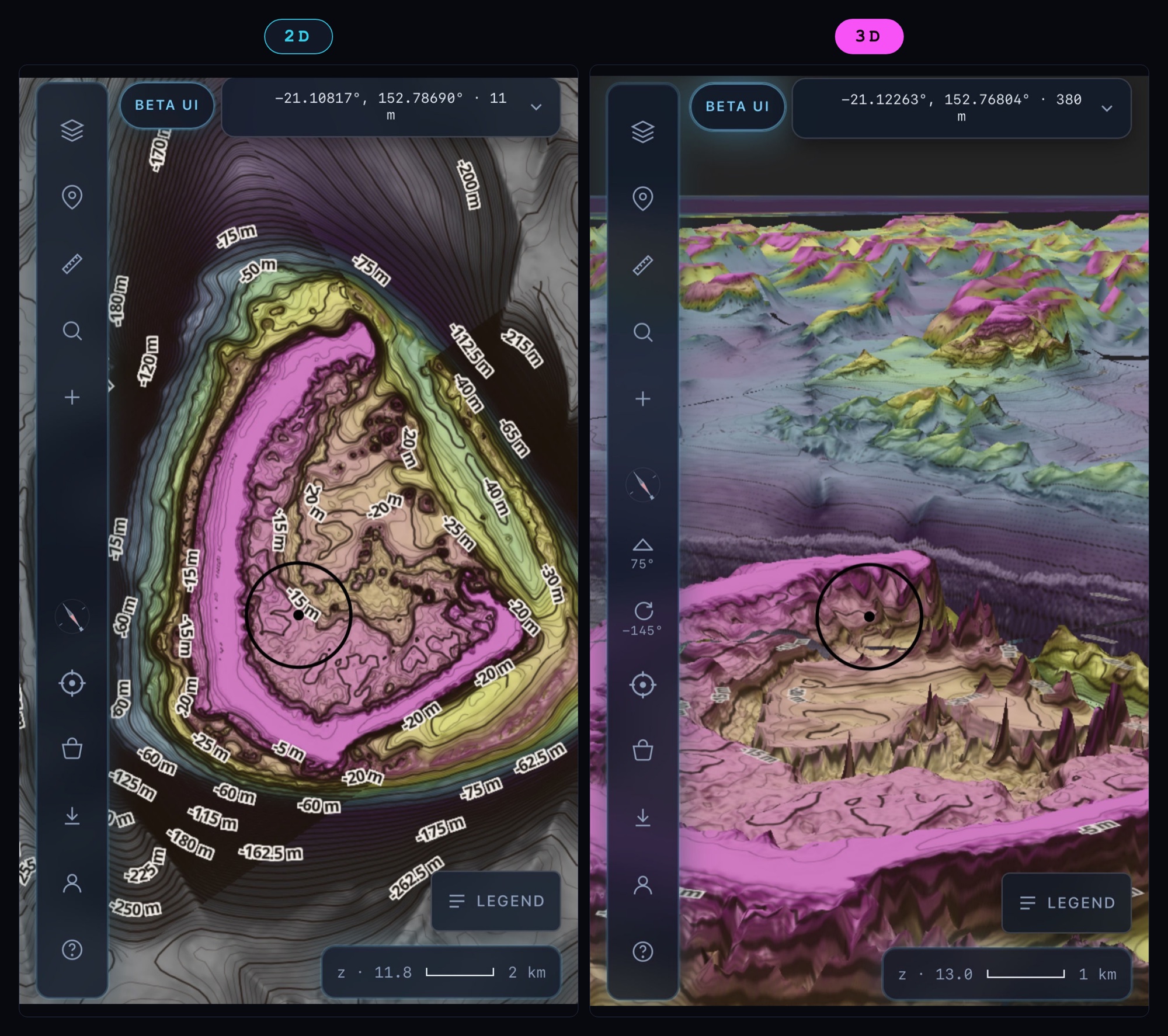 The same reef shown side by side in 2D and 3D
