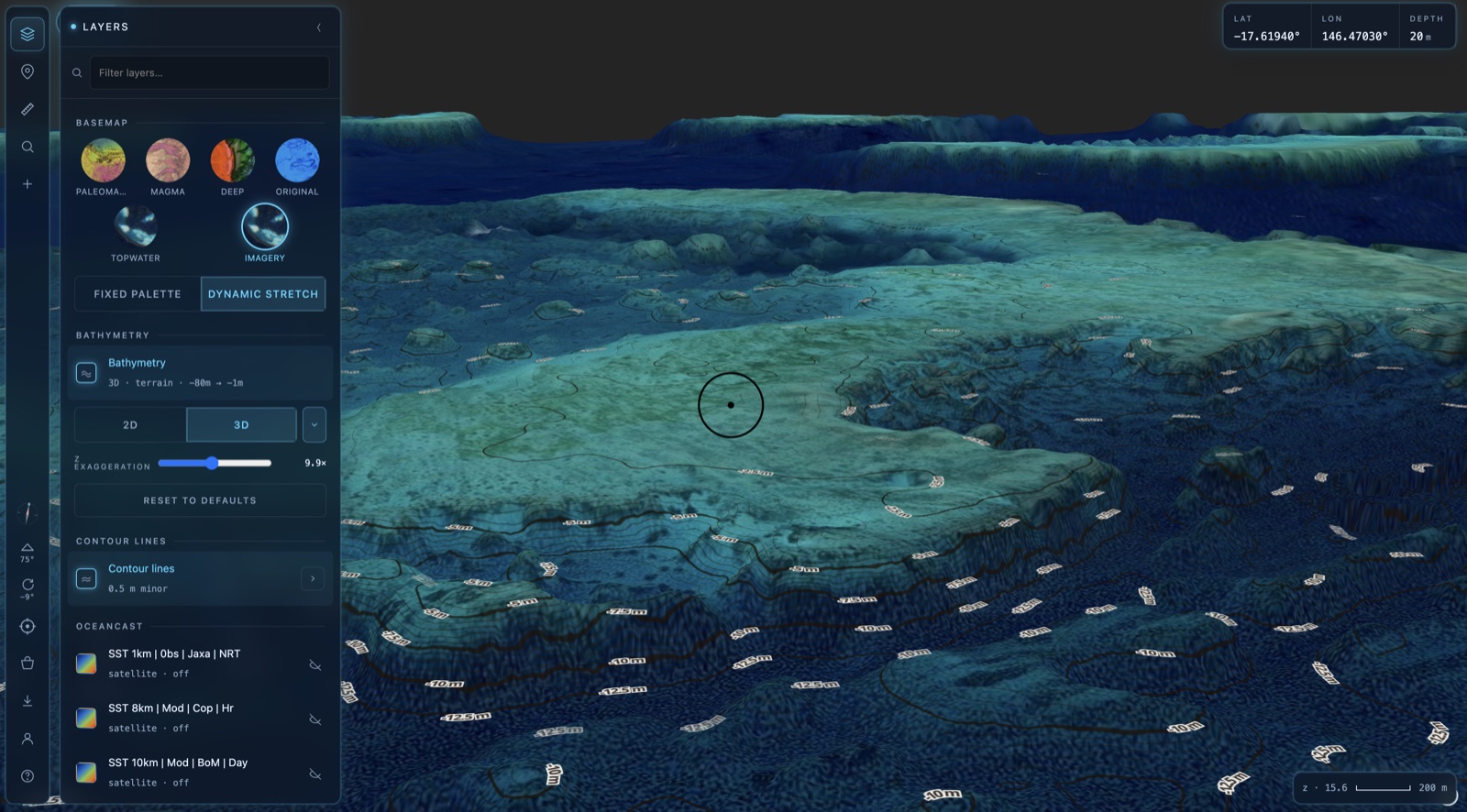 3D view at a lower tilt angle looking across the reef toward the horizon