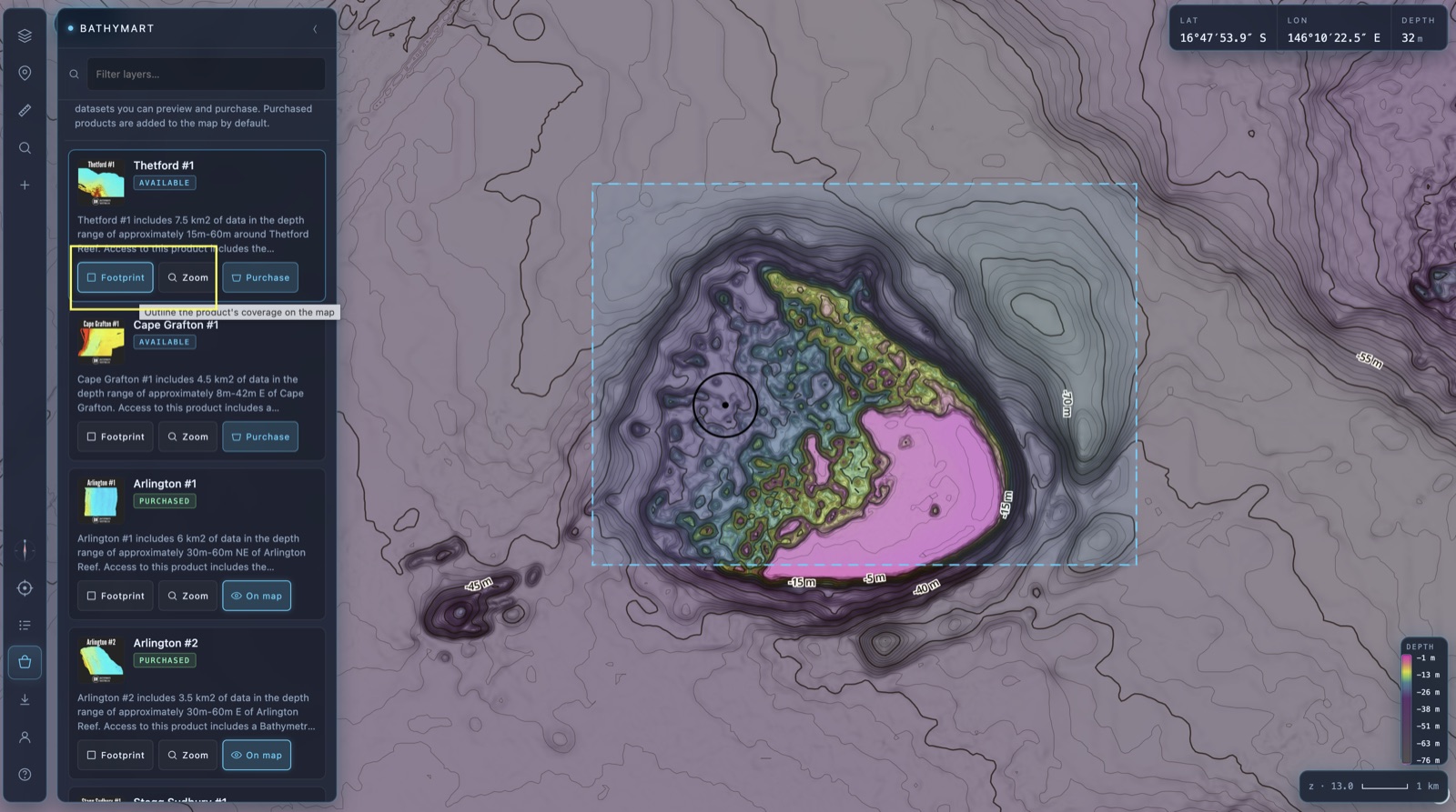 A BathyMart product footprint drawn on the map as a highlighted polygon, with the map zoomed to the survey extent