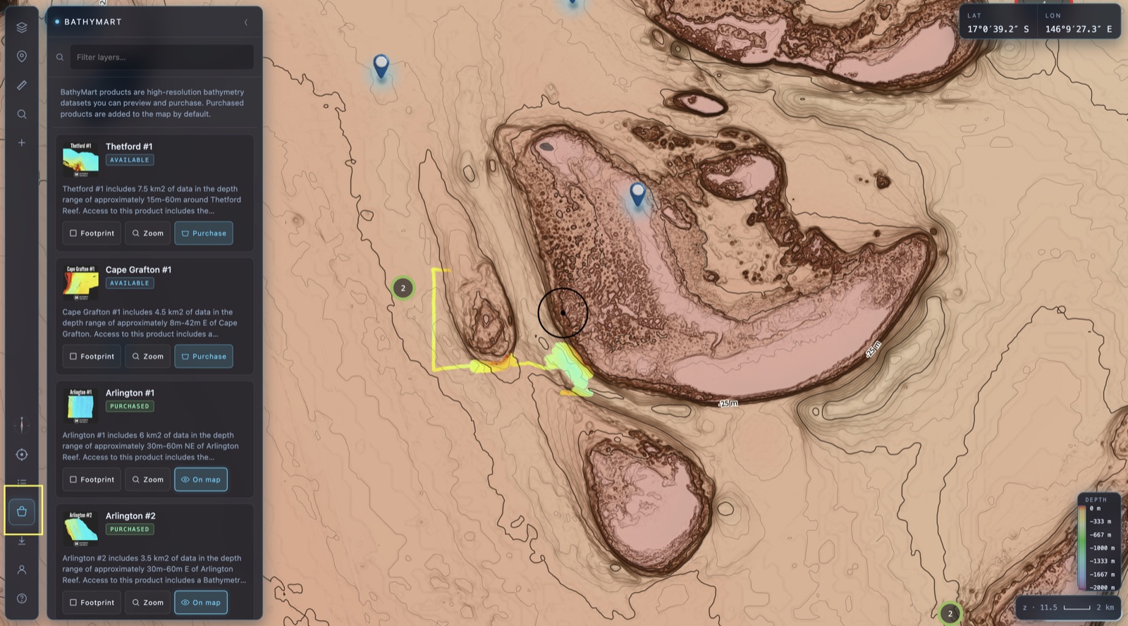 The BathyMart tool open in the BathyMaps Premium UI, with a scrollable left-hand list of products, each showing a Footprint, Zoom and Purchase button