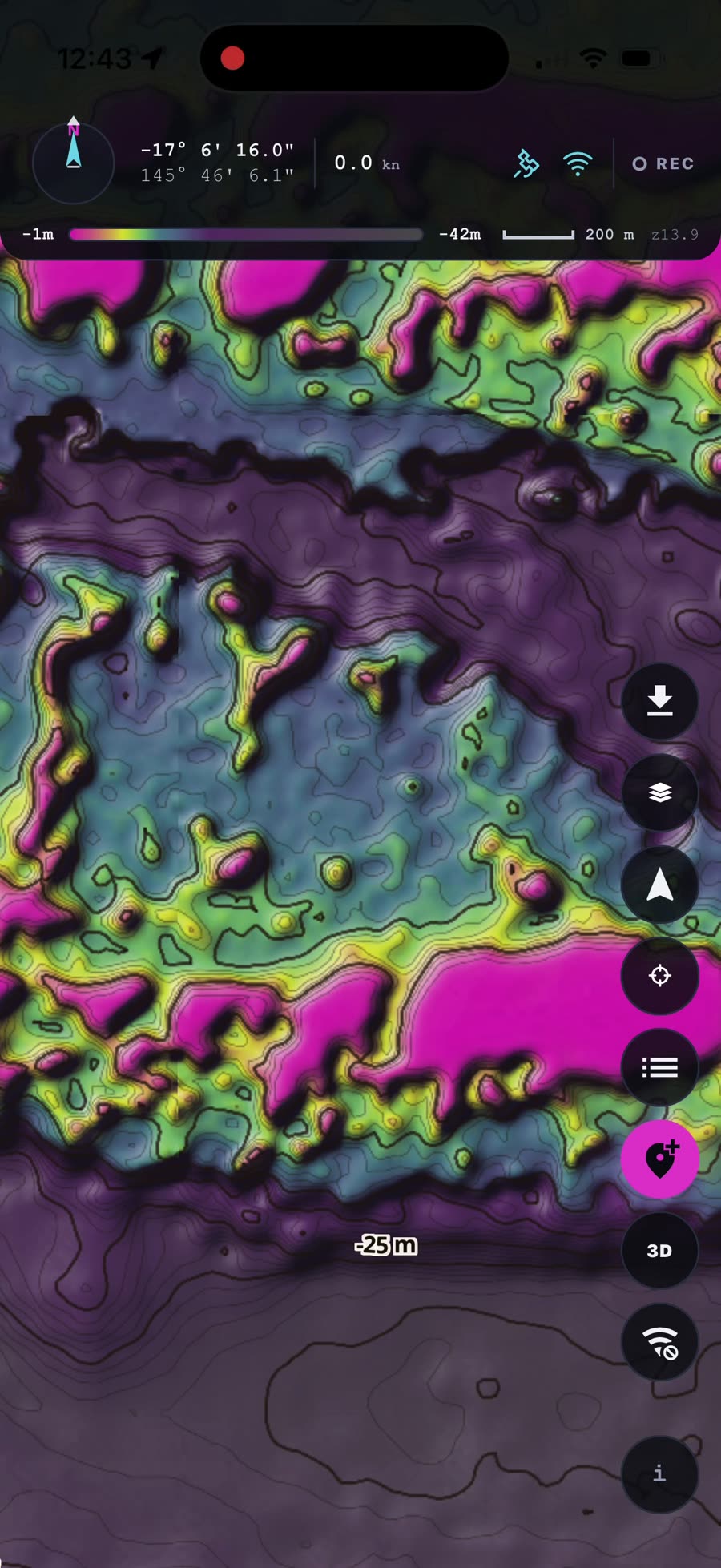 A reef system on the flat 2D chart before switching to 3D
