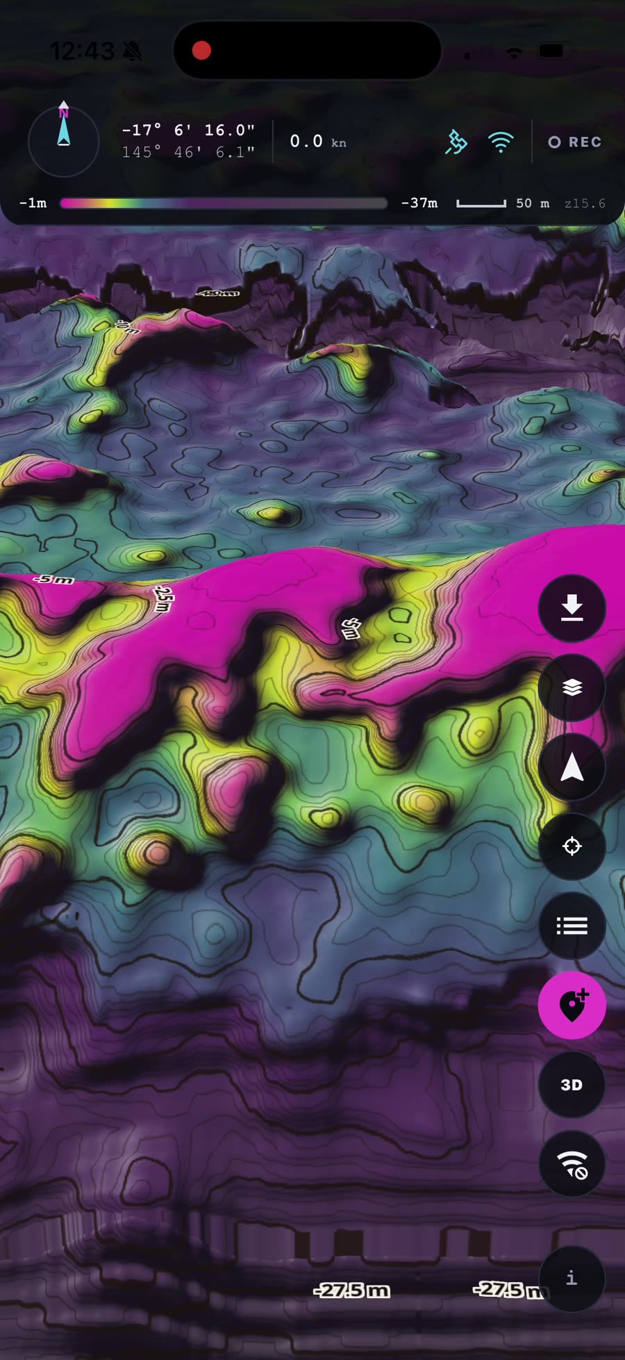 A close-up low-angle 3D view of reef structure with depth labels