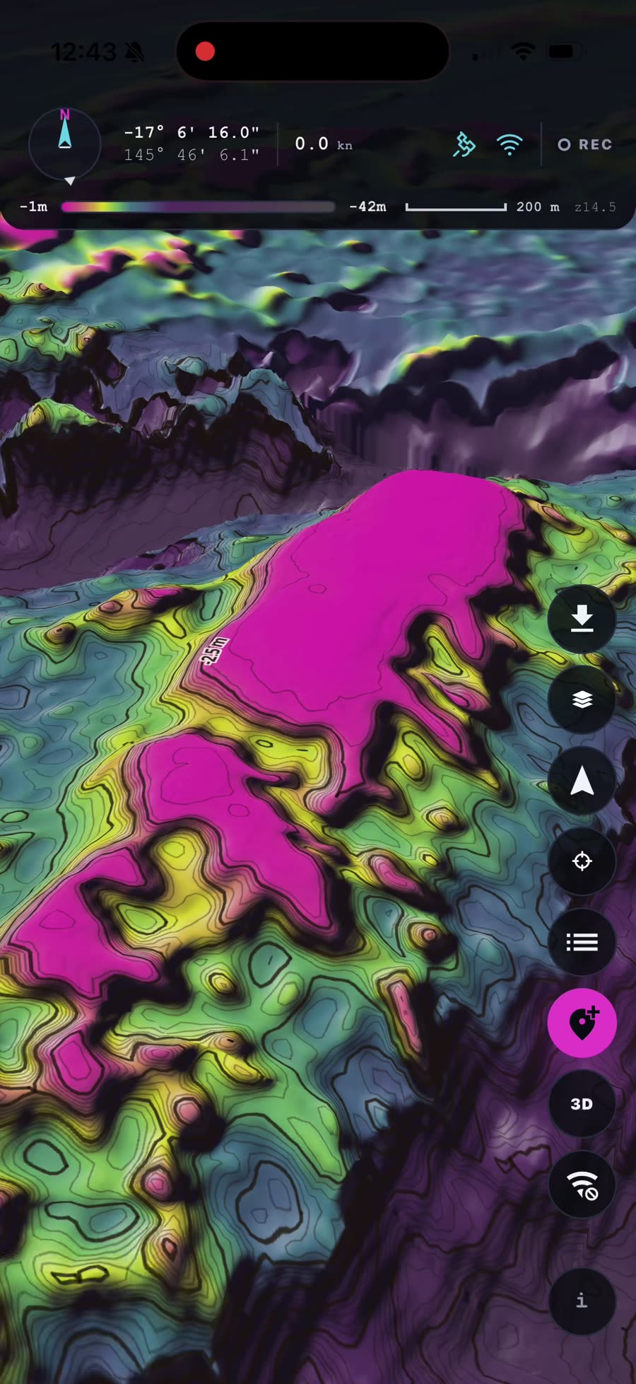 A dramatic low view along a rising reef ridge in 3D
