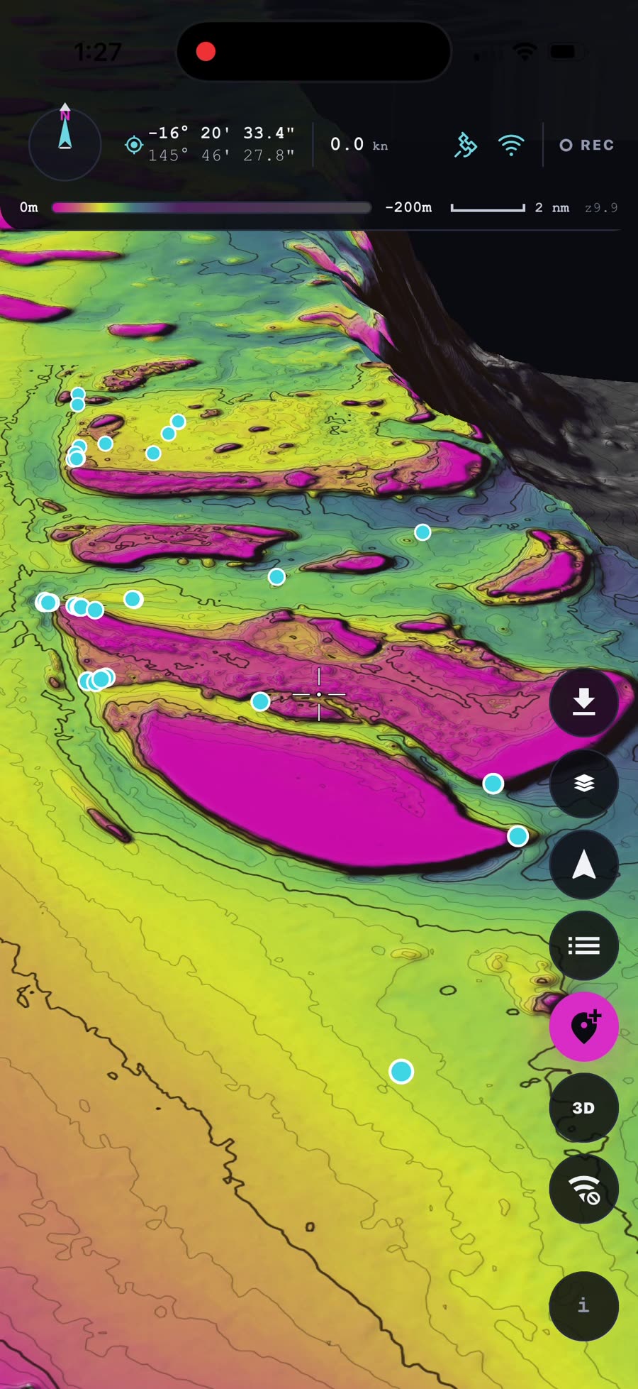 The chart rotated and tilted off north, with the compass in the top bar showing the offset heading