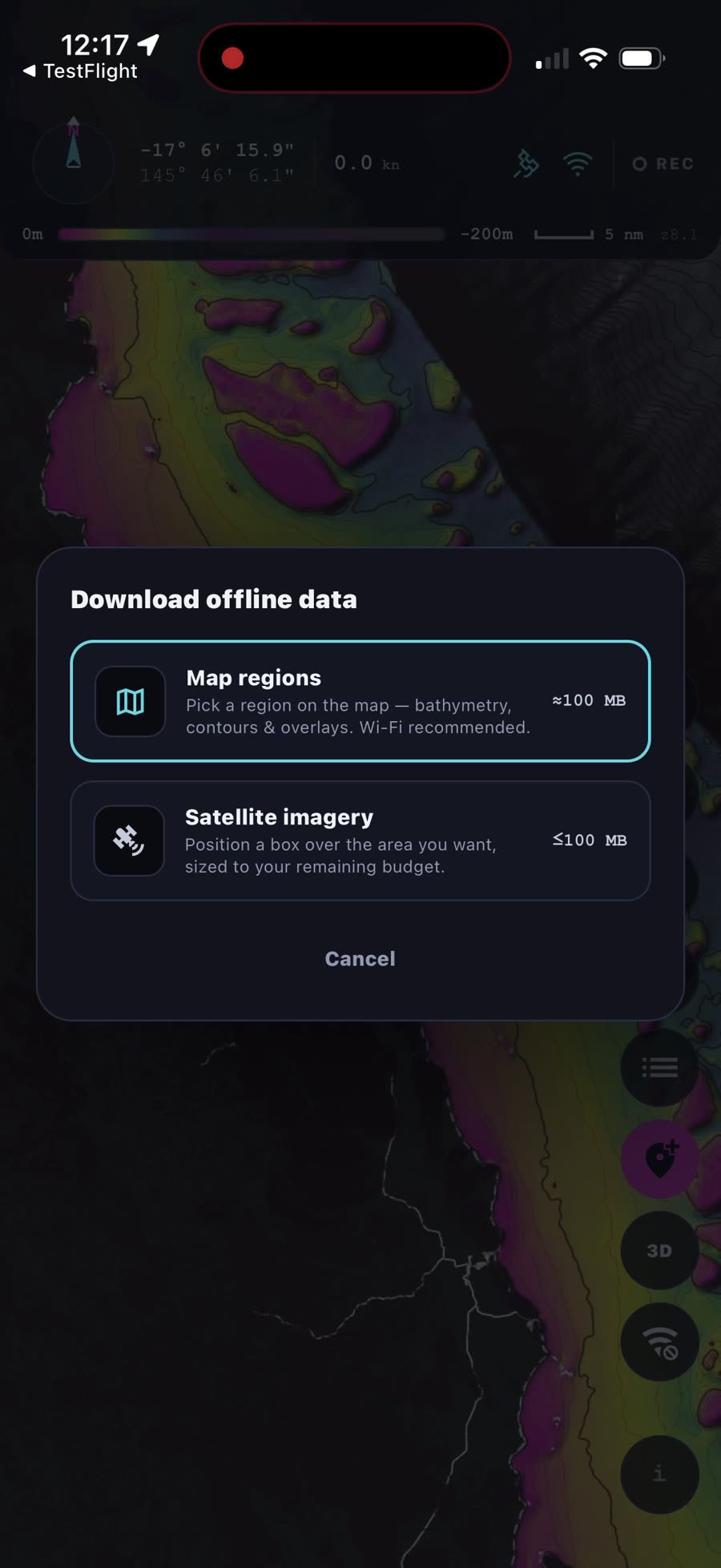 The Download offline data dialog offering Map regions or Satellite imagery