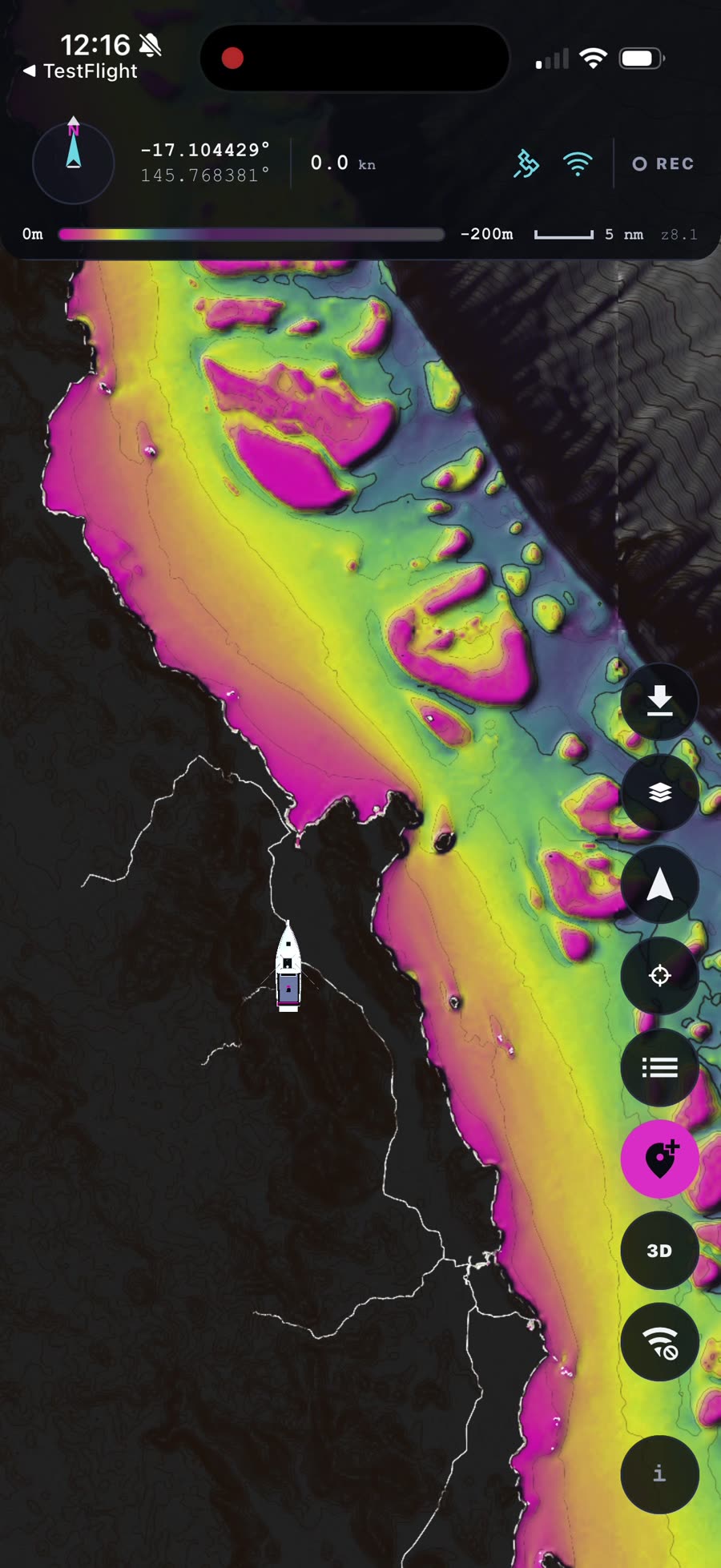 The finished map view in full colour with the position readout, depth scale and right-hand toolbar