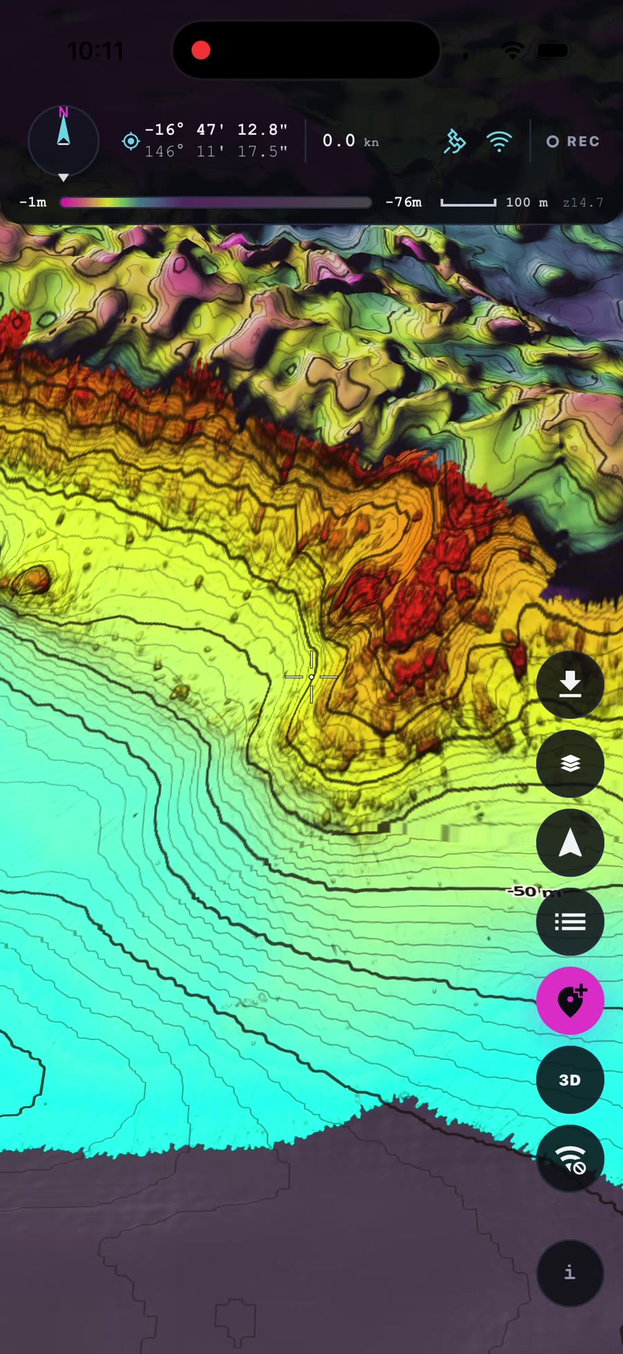 A close 3D view along the surveyed reef edge showing where the high-resolution data meets the base map