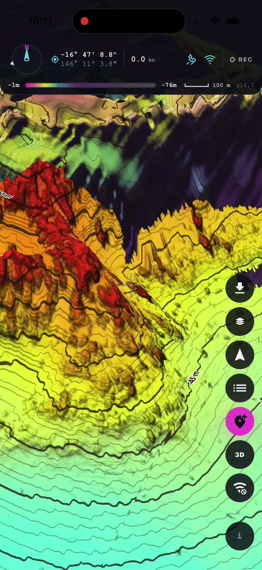 The BathyMart survey tilted into 3D with a red reef ridge rising in fine detail