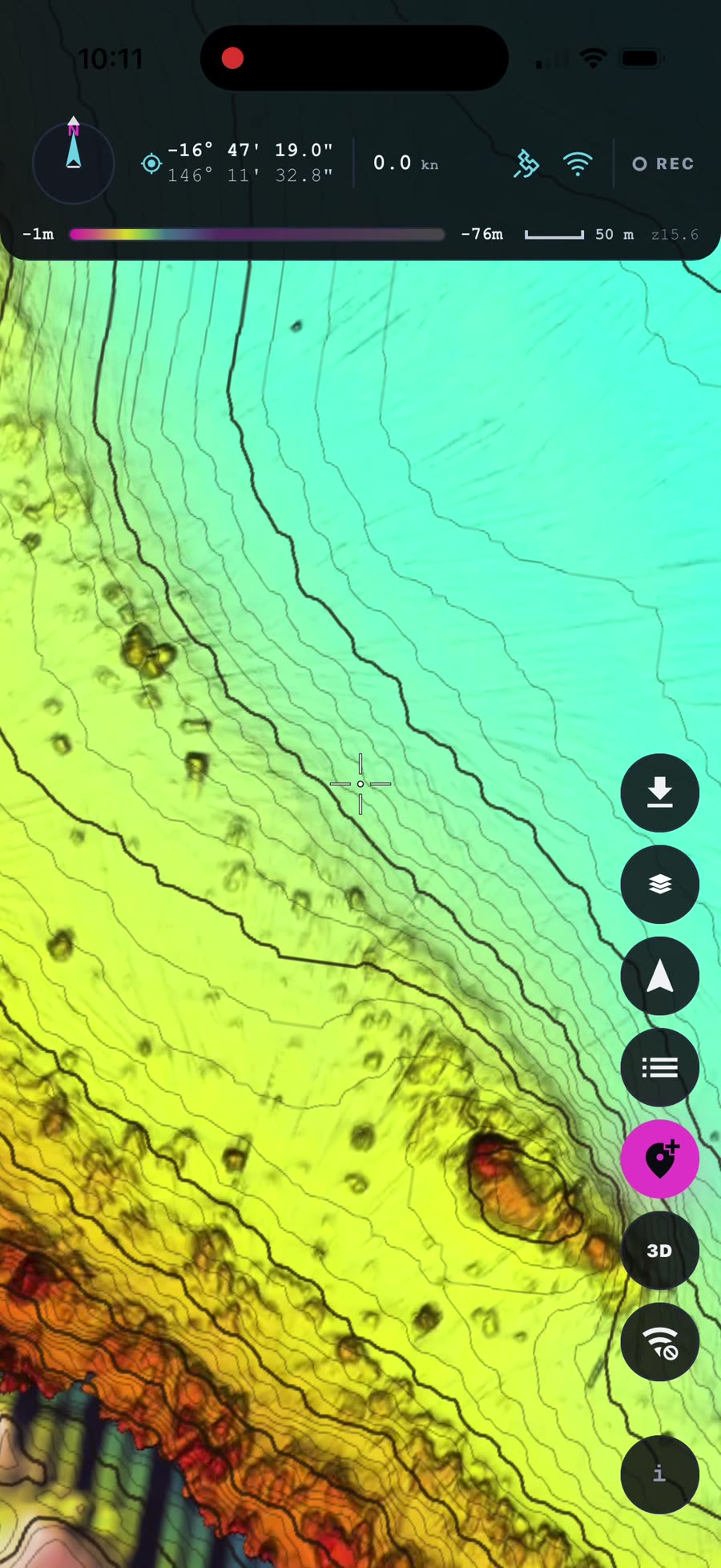 A zoomed-in 2D view of the BathyMart survey showing fine contours and individual bommies