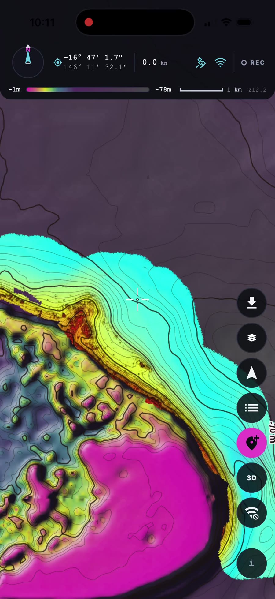 A BathyMart high-resolution survey patch standing out in sharp detail against the surrounding base bathymetry