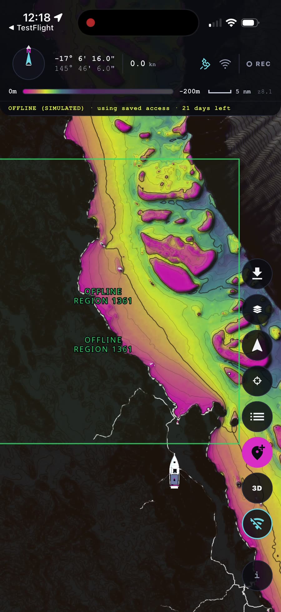 The map in simulated offline mode with the downloaded region outlined in green and the offline banner across the top