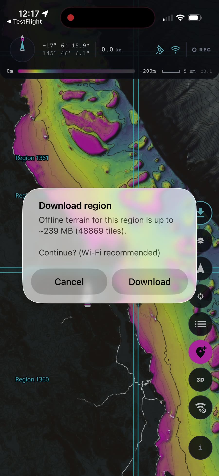 The Download region confirmation dialog showing the size of the download with Cancel and Download buttons
