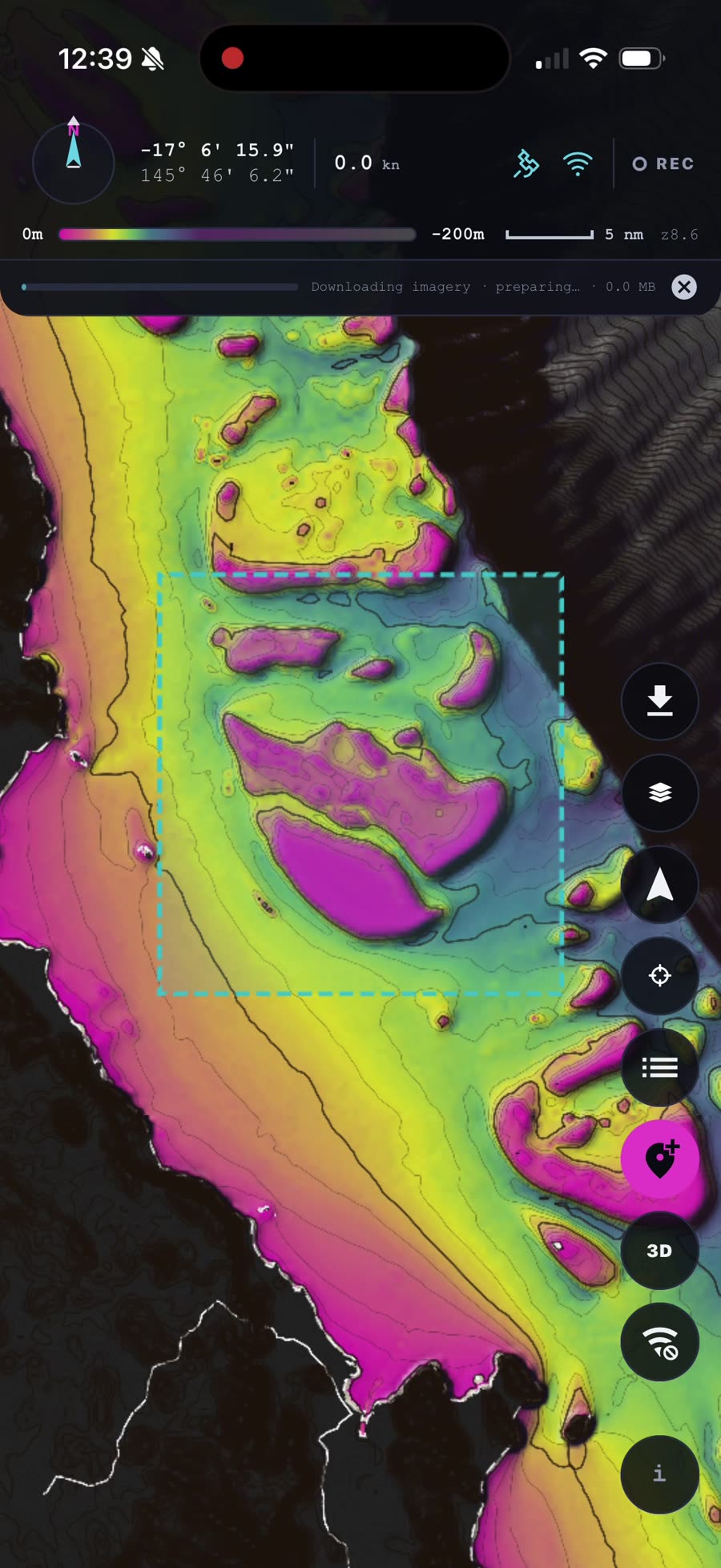 The Download Imagery for Offline Use dialog showing around 89 MB of high-resolution satellite imagery for the area