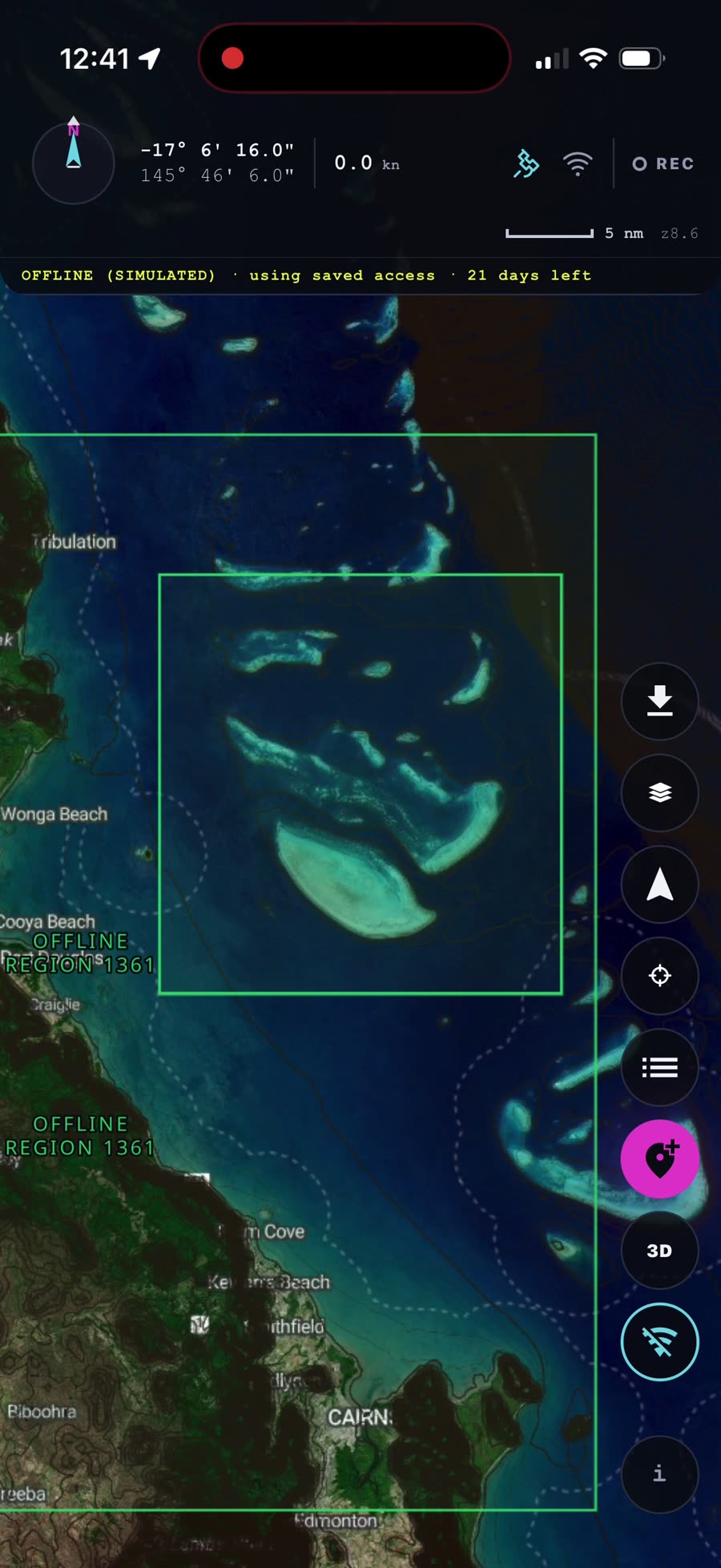 The satellite imagery shown in simulated offline mode with the downloaded area outlined in green