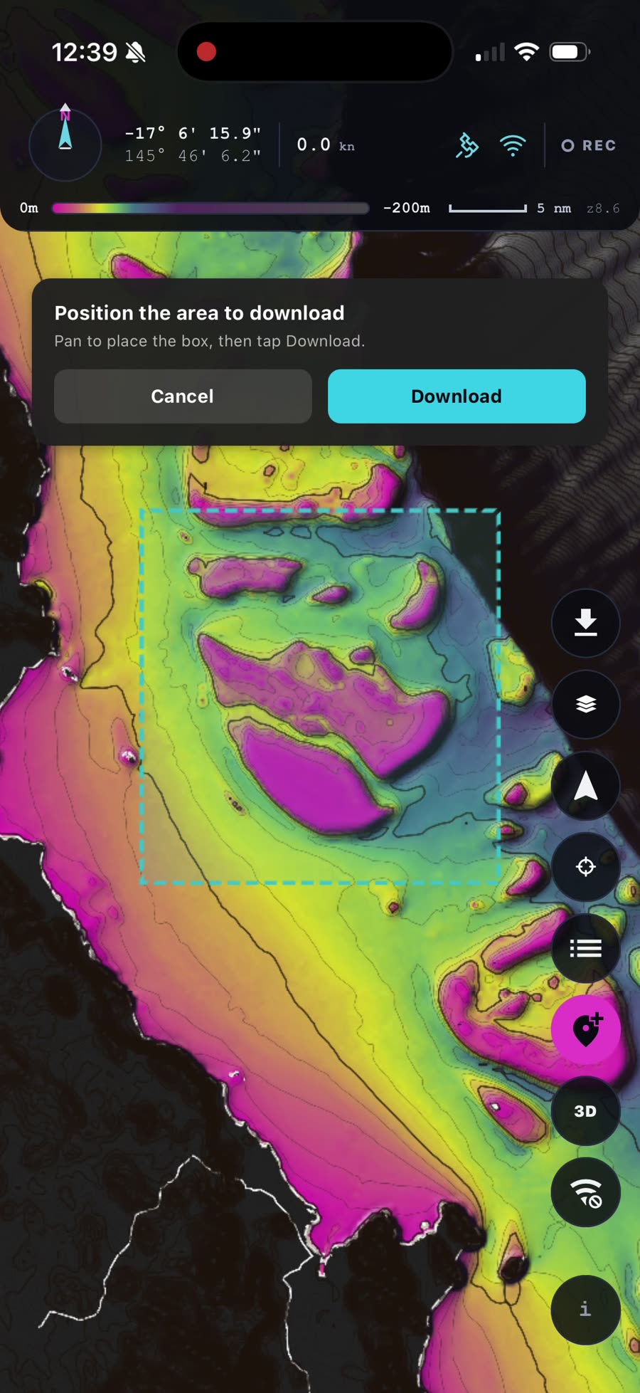 The satellite imagery download box being positioned over the map with Cancel and Download buttons