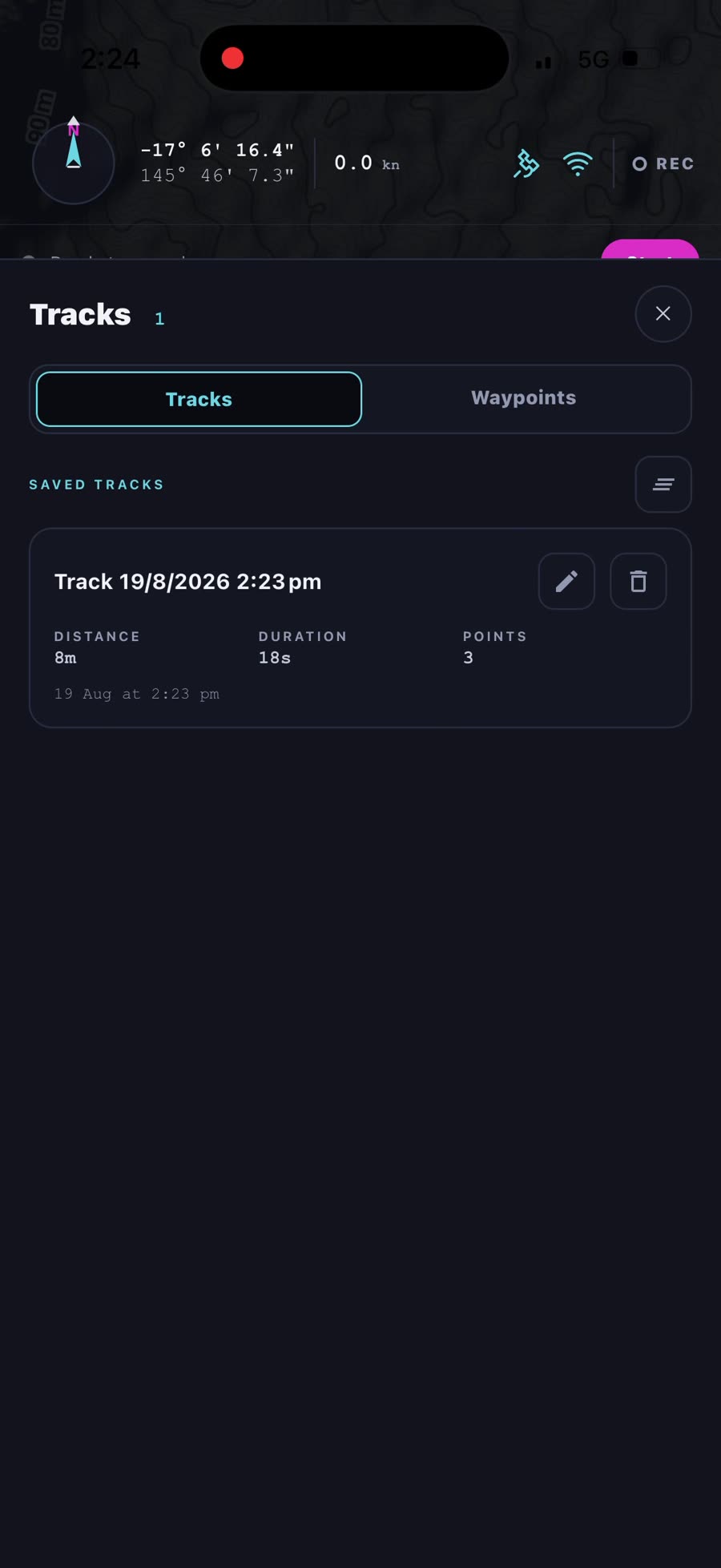 The Tracks panel showing a saved track with distance, duration and points, plus rename and delete buttons