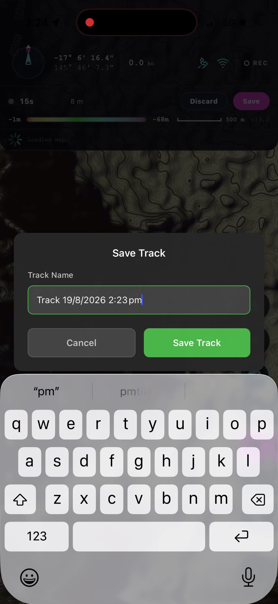 The Save Track dialog with an auto-filled track name and Cancel and Save Track buttons
