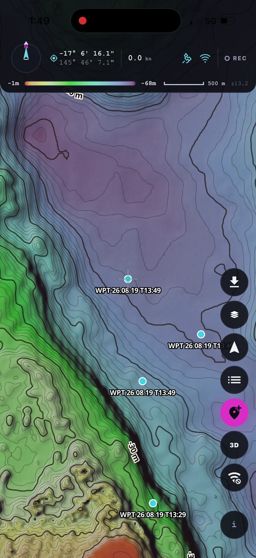The map with the centre crosshair and several freshly dropped waypoints