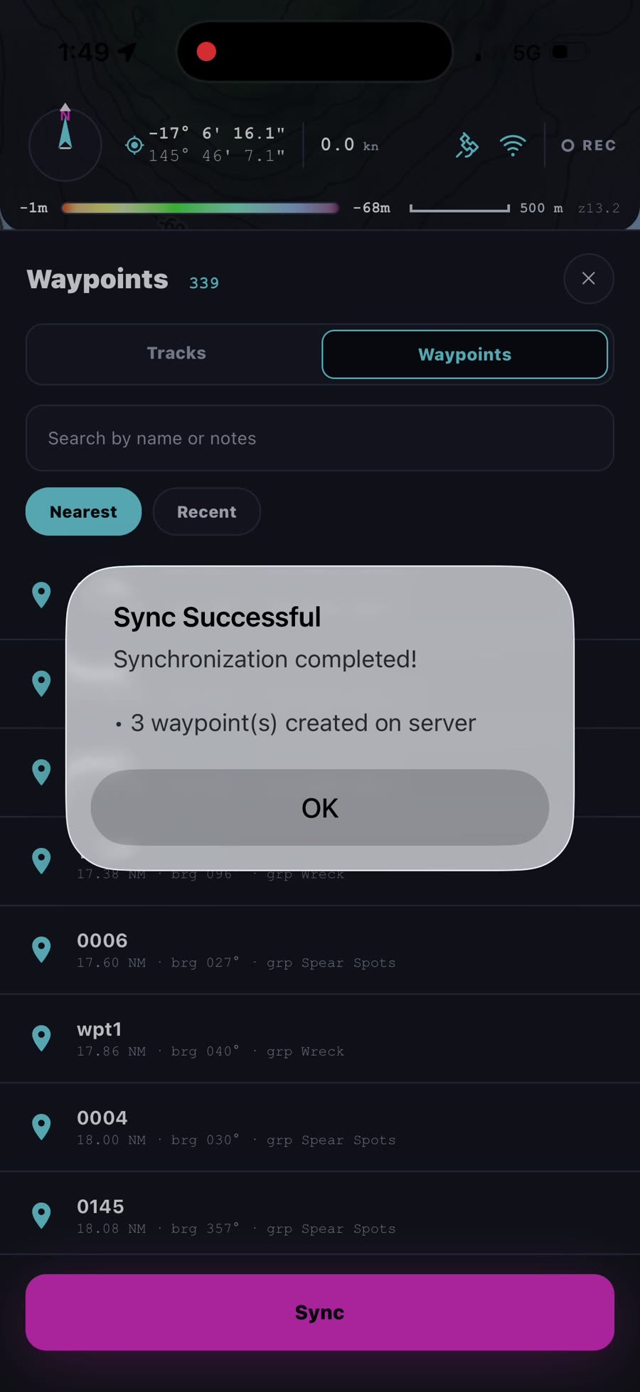 The Sync Successful dialog confirming three waypoints were created on the server