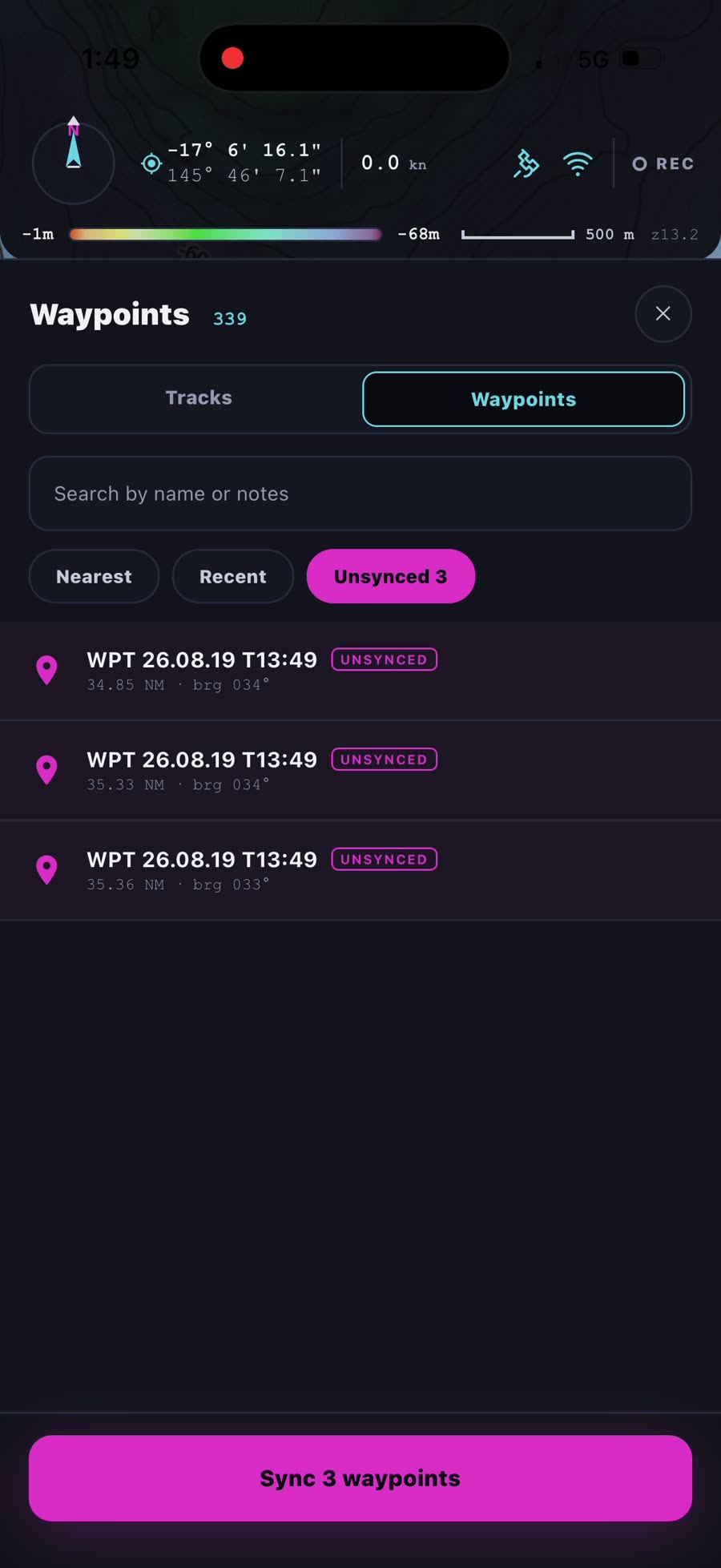 The Unsynced filter showing three new waypoints tagged UNSYNCED with a Sync 3 waypoints button