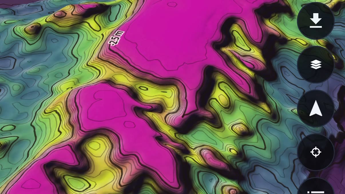 The BathyMaps Companion app showing 3D reef terrain on a phone