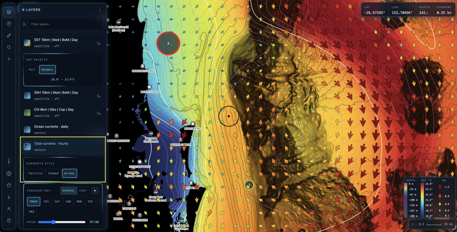 Total currents in the Arrows style: a grid of arrows tinted by speed
