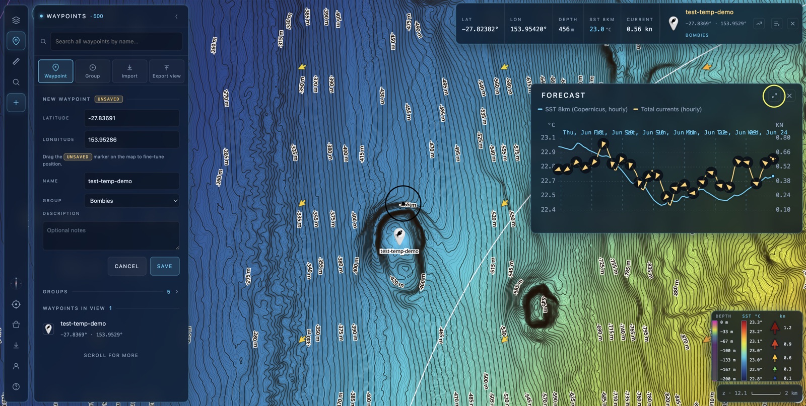 The forecast chart open over the map, showing SST and total currents lines with an expand icon