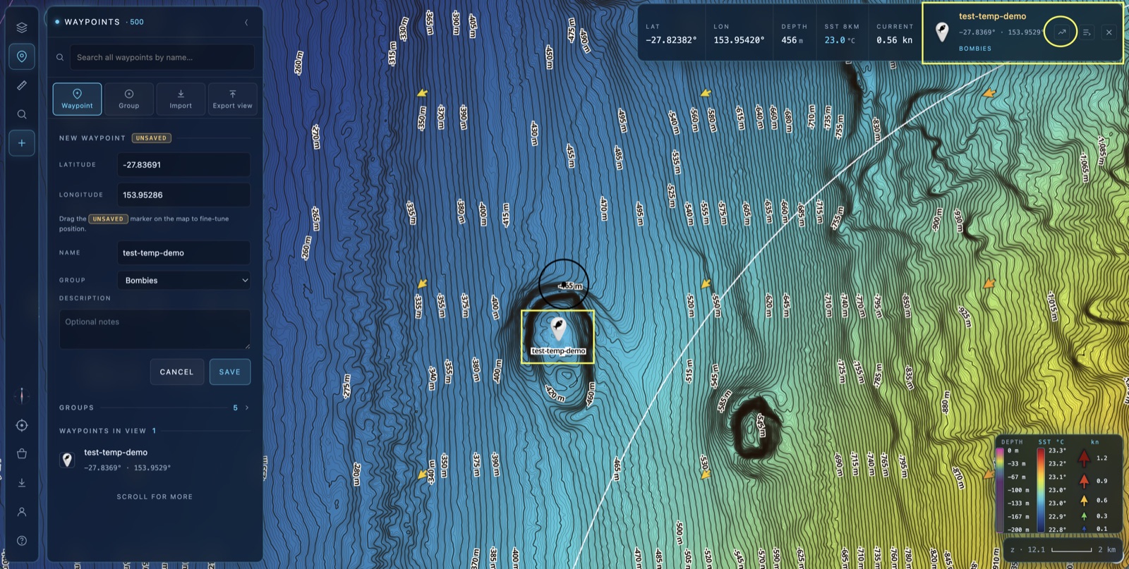 A selected waypoint with the forecast graph icon highlighted in the top dash