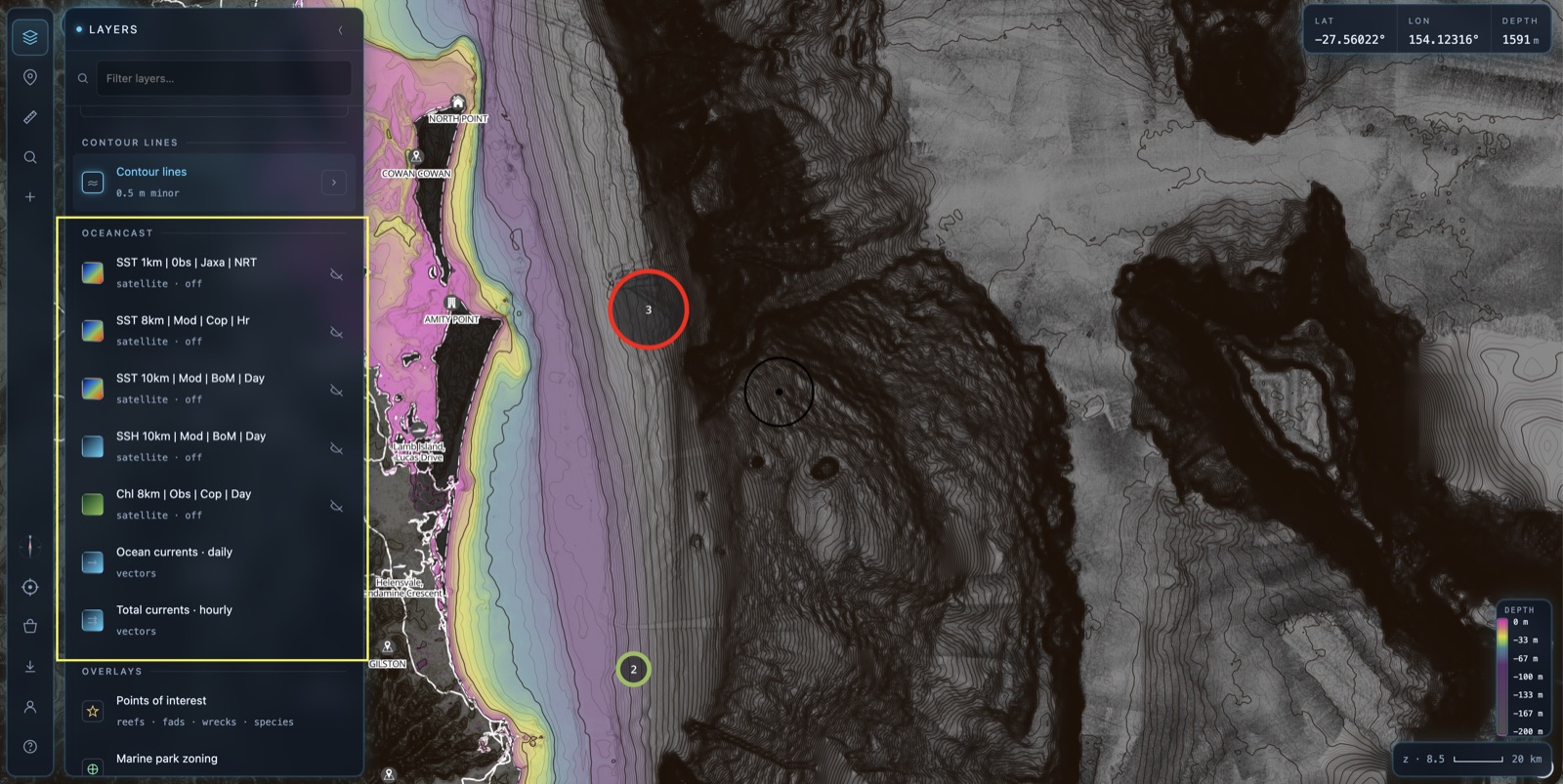The OceanCast section of the Layers panel listing the SST, SSH, chlorophyll and currents layers