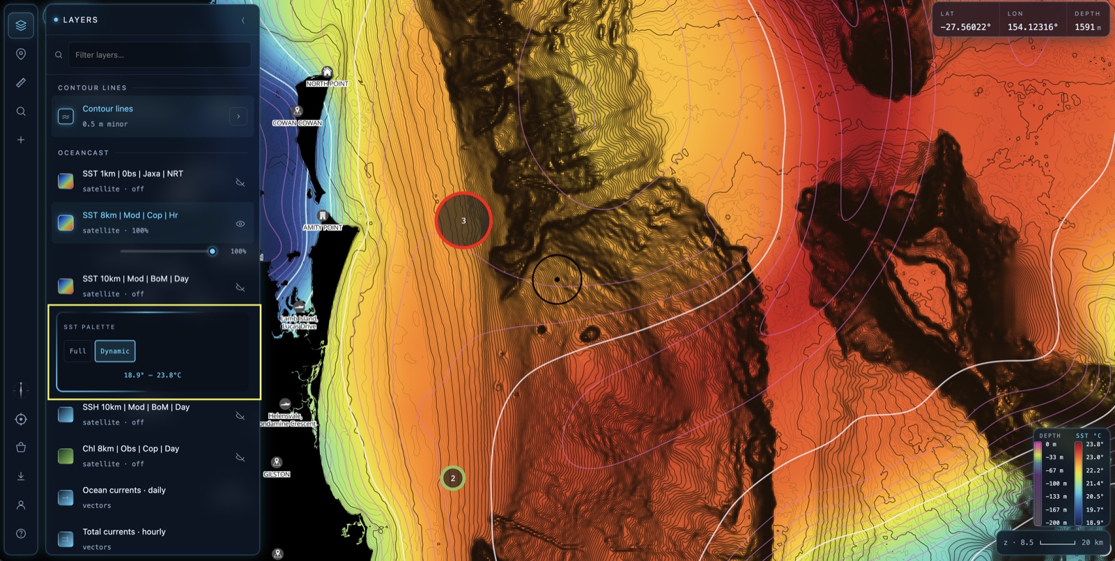 SST layer showing the Full / Dynamic palette toggle and the active temperature range readout